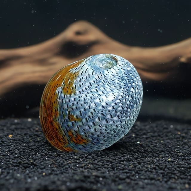 Representative image of a Clithon retropictus nerite snail on dark aquarium gravel