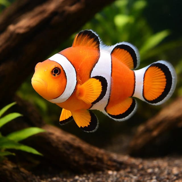 Juvenile Clown Anemonefish Amphiprion ocellaris 2-3 cm with bright orange body and white bands