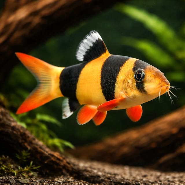 Clown Loach (Chromobotia macracanthus), representative orange-and-black aquarium fish illustration