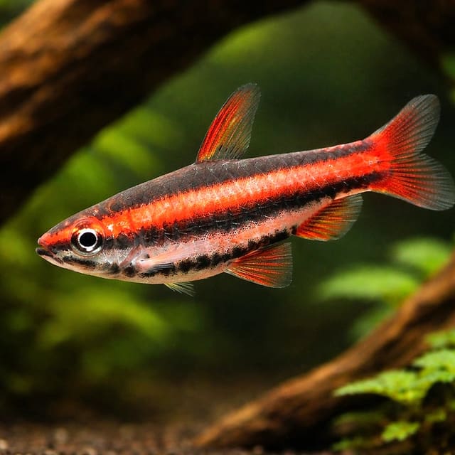 Purple Pencilfish (Nannostomus rubrocaudatus) swimming beside aquarium driftwood — representative image