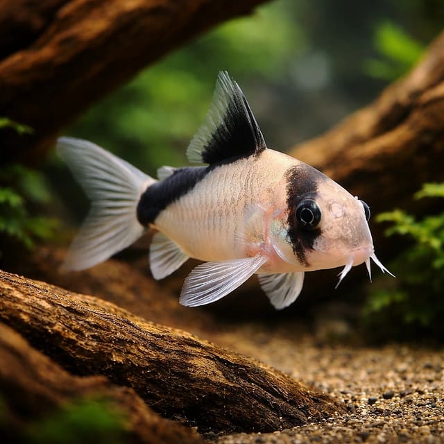 Masked Corydoras (Hoplisoma metae) beside aquarium driftwood