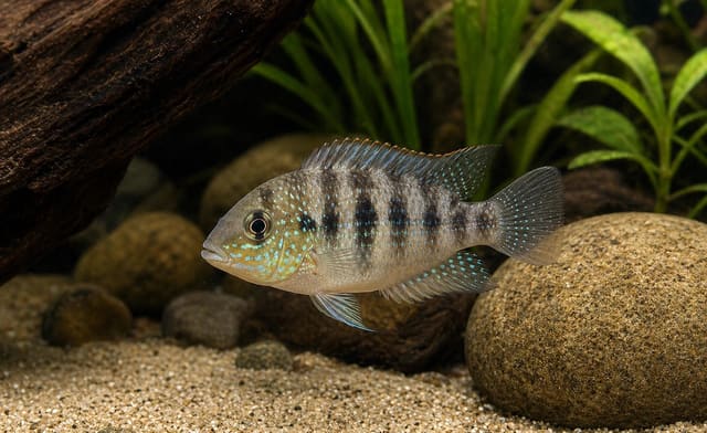 Cutter's Cichlid with dark bars and turquoise spots swimming over sand and rocks