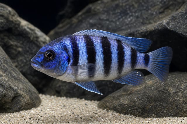 Juvenile Cyphotilapia gibberosa Blue Zaire Moba Frontosa cichlid 6-7 cm with blue body and dark vertical bars