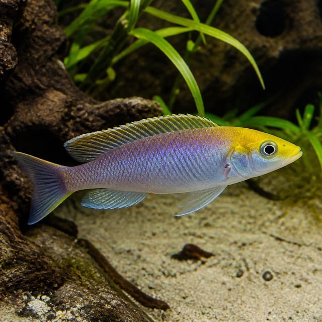 Yellow Head Kekese Cyprichromis (Cyprichromis leptosoma) in a Tanganyika-style aquarium — representative image