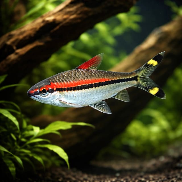Representative Denison Barb (Dawkinsia denisonii) in a river-style aquarium; actual fish, colour and size vary