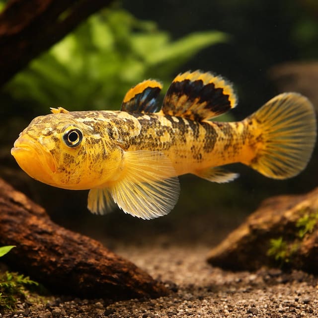 Desert Goby Gold (Chlamydogobius eremius) in rocky hard-water aquarium