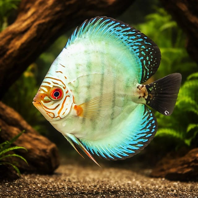 pale blue discus beside aquarium driftwood