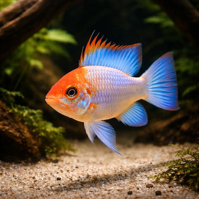 Blue Red Head Ram dwarf cichlid Mikrogeophagus ramirezi