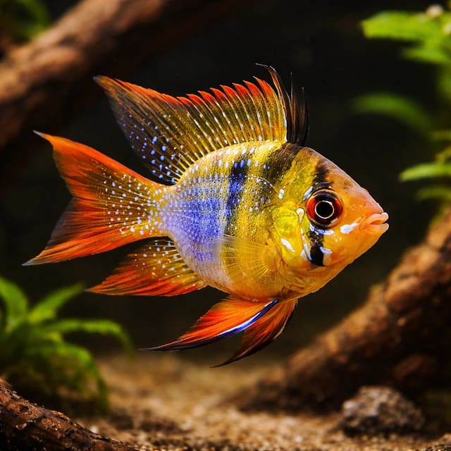 Representative Balloon Ram cichlid beside driftwood in a planted aquarium