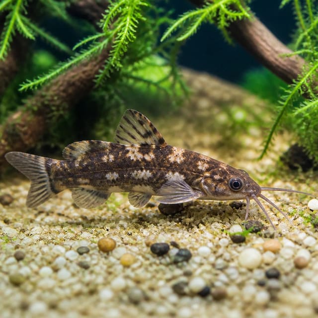 representative illustration of a small marbled catfish in a planted aquarium; exact fish and markings vary