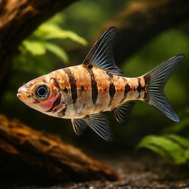 Eight-Banded Barb Eirmotus octozona among driftwood and low light — representative image