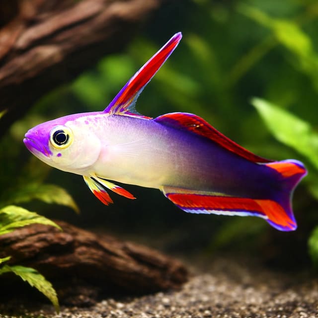 Elegant Firefish Nemateleotris decora marine fish with slender body and flowing dorsal fin in a reef aquarium