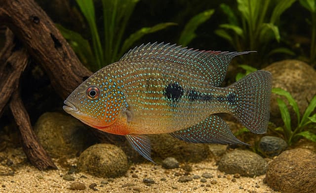 One brown cichlid with turquoise-blue spots and an orange-red throat above sand and stones
