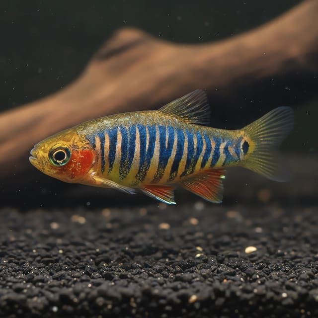 Emerald Dwarf Danio (Danio erythromicron) showing blue vertical bars and red fin colour over dark aquarium gravel beside