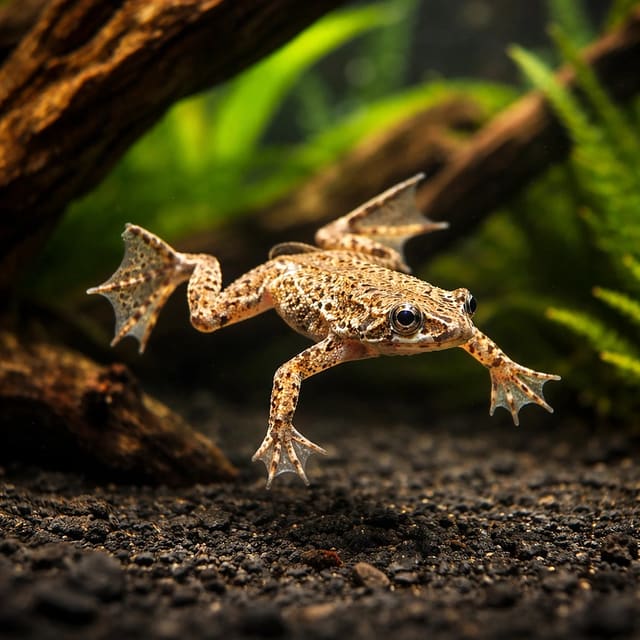 African Dwarf Frog Hymenochirus sp. in a calm planted freshwater aquarium
