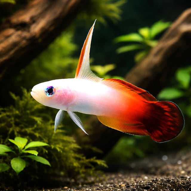 Medium Fire Goby Nemateleotris magnifica hovering above reef rock in a marine aquarium