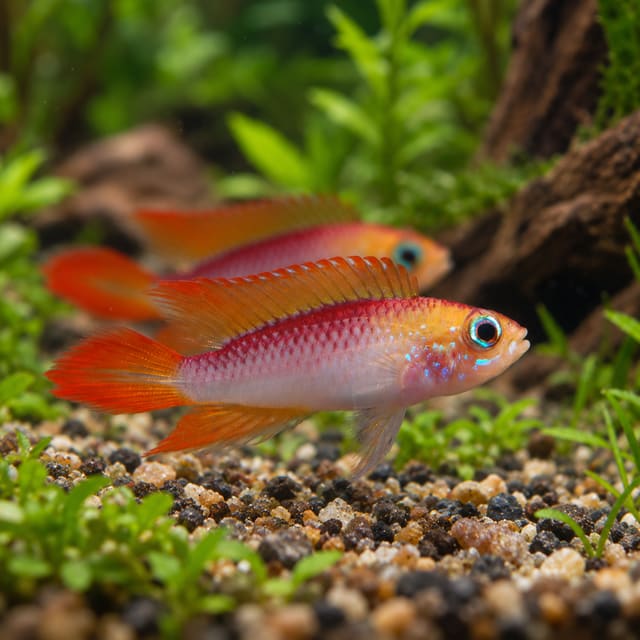 Two Fire Red Agassiz's Dwarf Cichlids with red backs, orange-gold heads and flame-red fin edges swimming over fine gravel