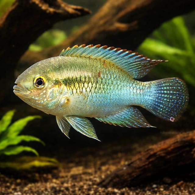 Representative digital illustration of Flag Acara (Laetacara curviceps) over driftwood in a planted aquarium