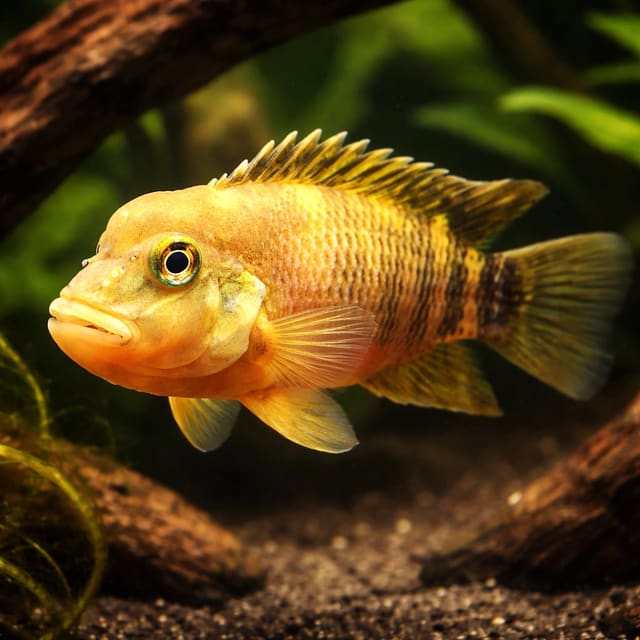 Lionhead / Buffalohead Cichlid (Steatocranus casuarius) in driftwood aquarium, for 0949