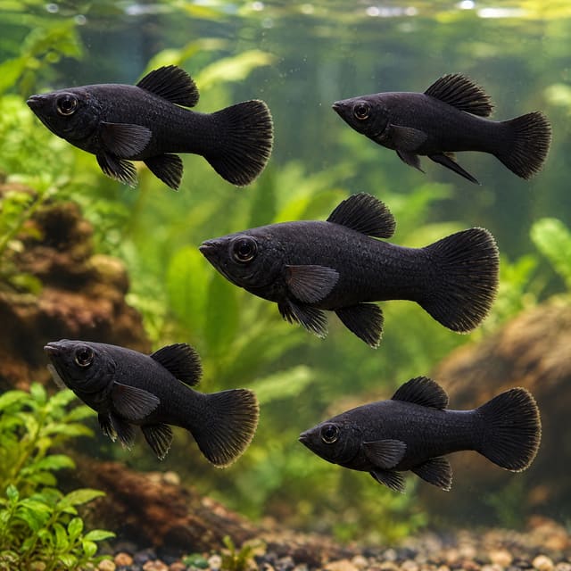 A group of black mollies in a planted aquarium