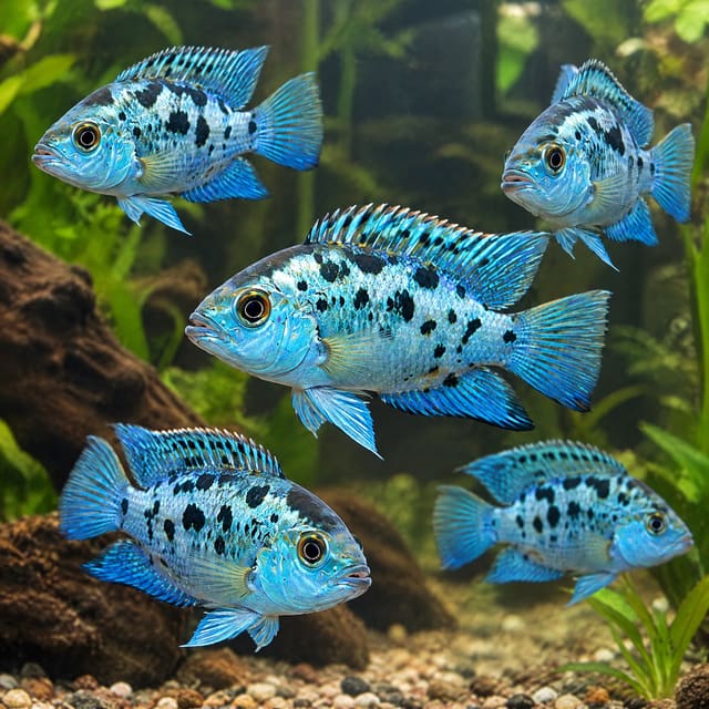 A group of electric blue Jack Dempsey cichlids in an aquarium