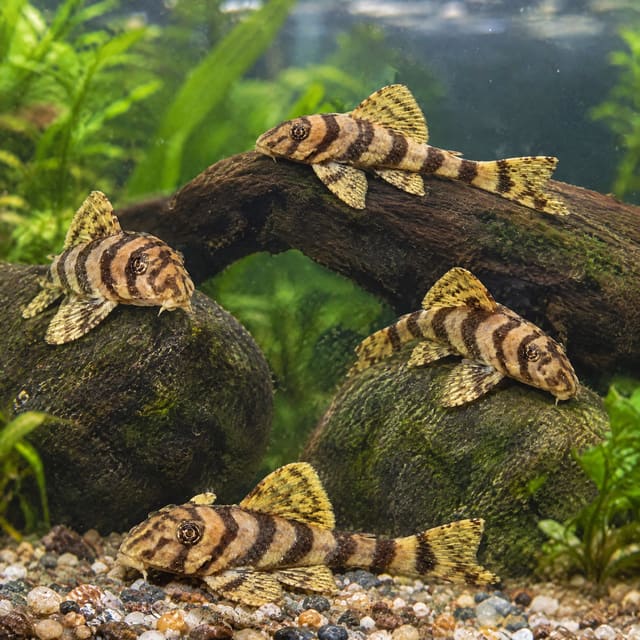 Candy striped plecos (L015) resting on wood, stones and gravel in an aquarium