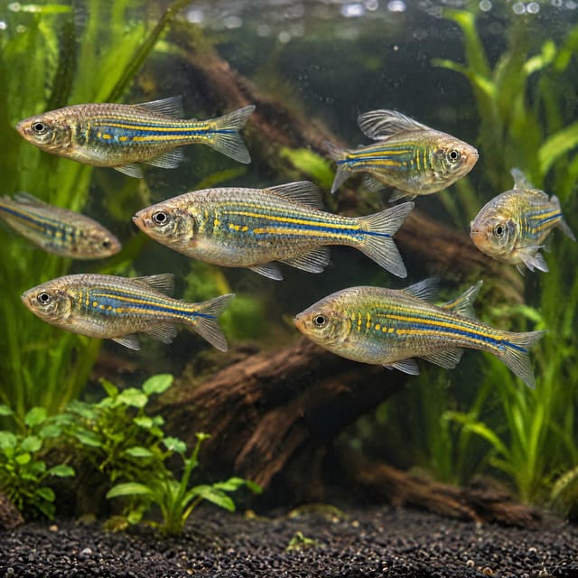A shoal of giant danios in a planted aquarium
