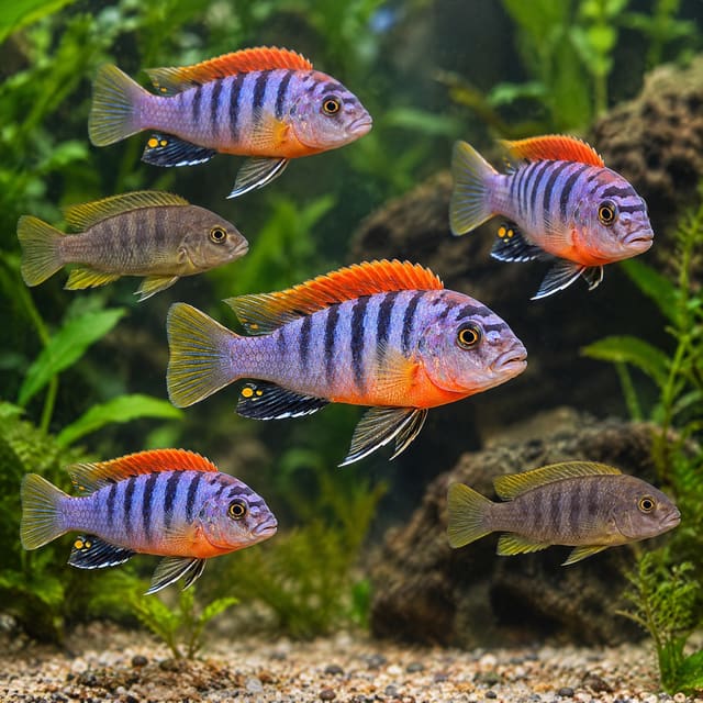 A group of red top hongi cichlids in an aquarium