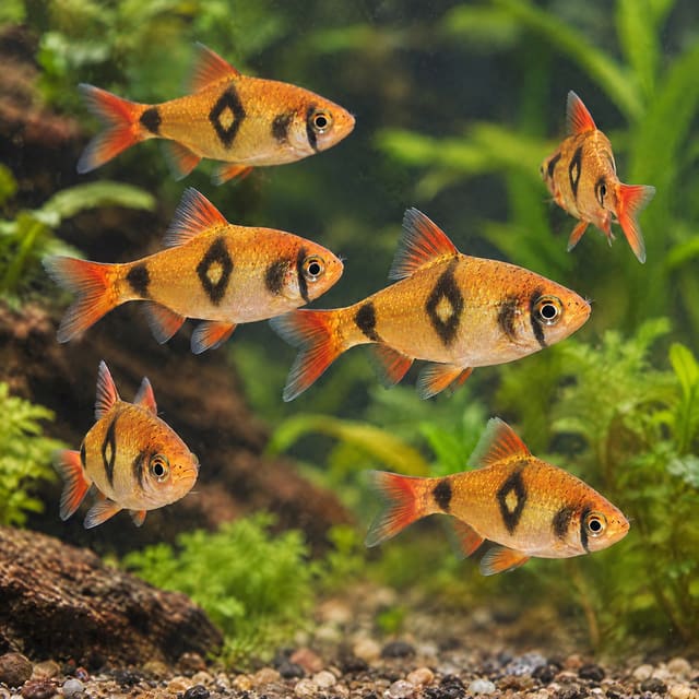 A group of rhombo barbs in a planted aquarium