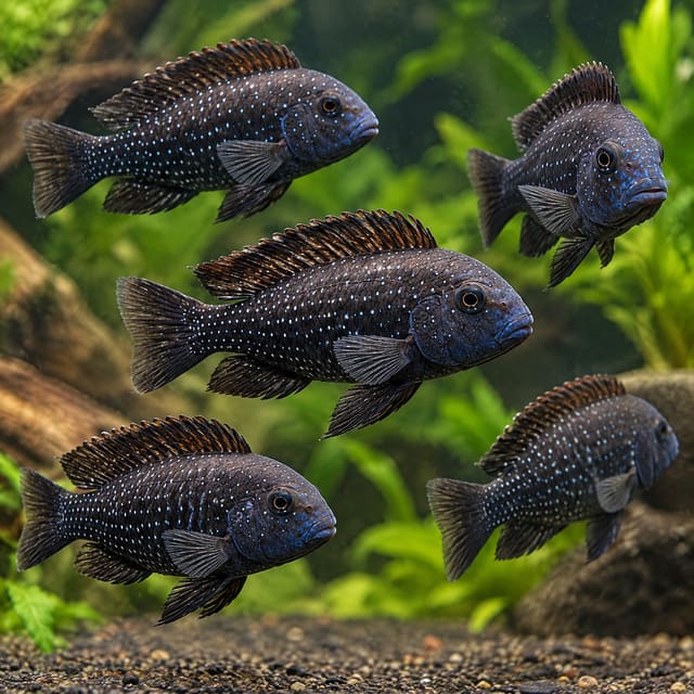 A group of young white-spotted cichlids (Tropheus duboisi) in an aquarium