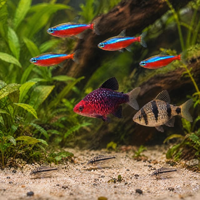 Cardinal tetras, black ruby barbs and pygmy corydoras together in a planted aquarium