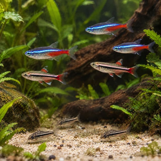 Neon tetras, White Cloud Mountain minnows and pygmy corydoras together in a planted aquarium
