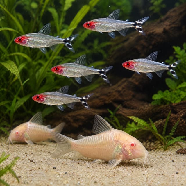 Rummy-nose tetras and albino bronze corydoras together in a planted aquarium