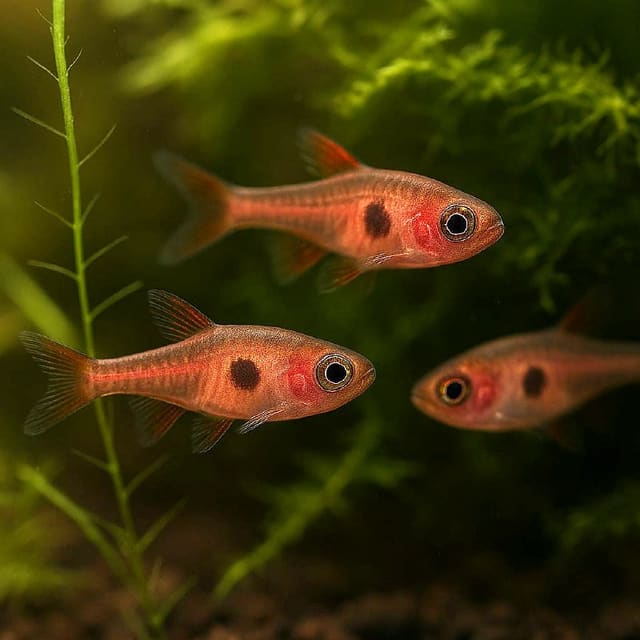Representative Strawberry Rasbora group showing reddish colour and dark body blotches; individual fish vary