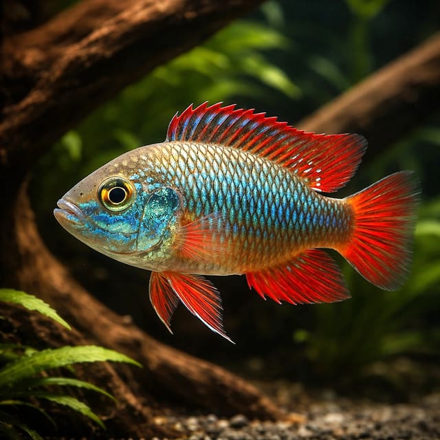 Dwarf Egyptian Mouthbrooder (Pseudocrenilabrus multicolor) showing blue facial markings and red-edged fins