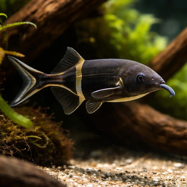 Elephantnose Fish (Gnathonemus petersii) over soft sand in calm aquarium — representative image