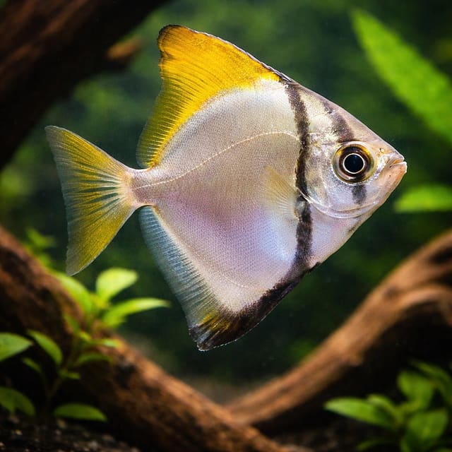 Silver Moony Monodactylus argenteus in a large brackish aquarium