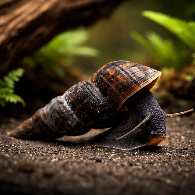 Illustrative Black Antenna Rabbit Snail trade form on aquarium substrate