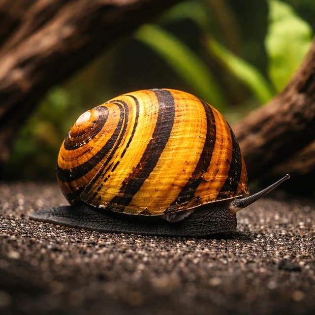 Illustrative close view of an amber-and-black Ring Nerite Snail on aquarium substrate