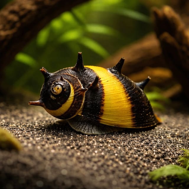 Illustrative close view of a yellow-and-black Zebra Horned Nerite Snail on aquarium substrate