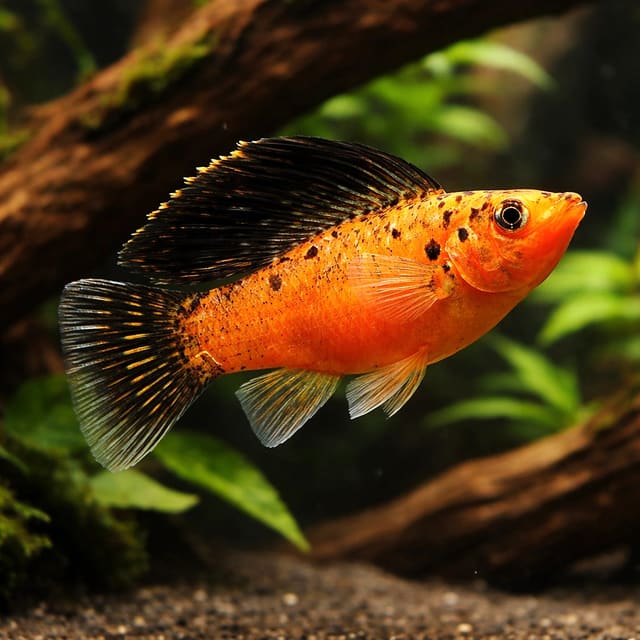 Gold Sailfin Molly (Poecilia velifera) in a planted hard-water aquarium — representative image