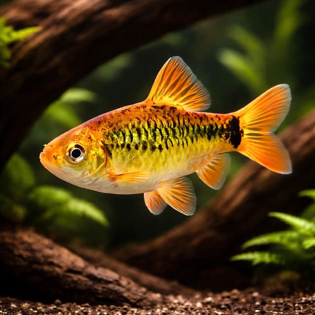 Golden Barb Barbodes semifasciolatus shoaling in a planted aquarium