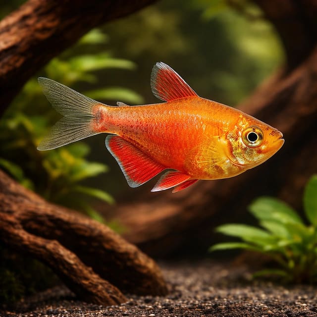illustration of an orange Flame Tetra-type fish beside driftwood