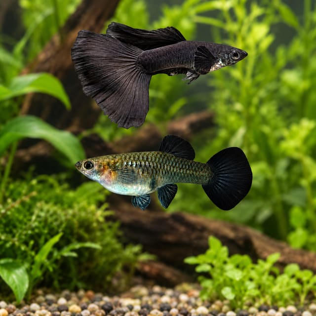 Full Black guppy pair: an all-black male with a large black tail above a grey-olive female with a black tail, in a planted