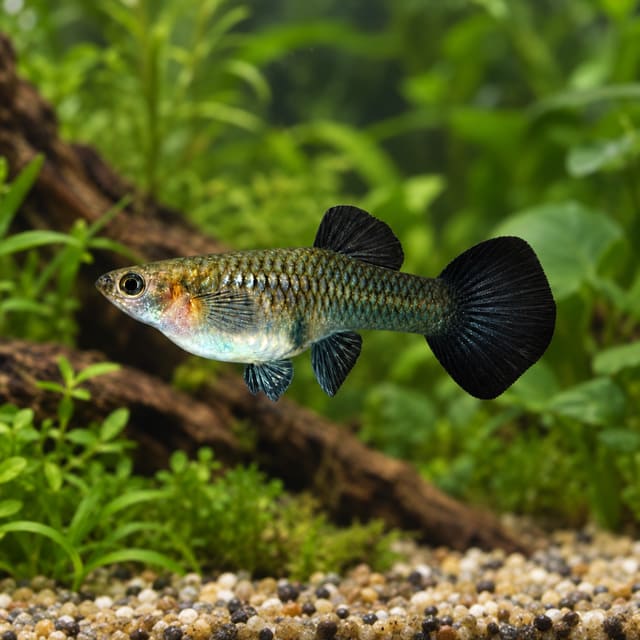 Full Black Moscow female guppy with a dark olive body and a black dorsal fin and tail, in a planted aquarium