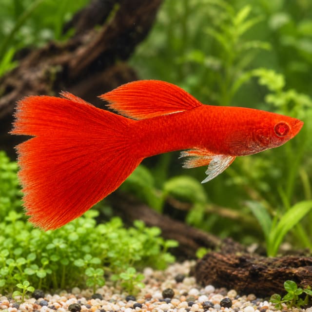 Male Full Red Albino guppy, solid red with a red albino eye and large red tail, in a planted aquarium