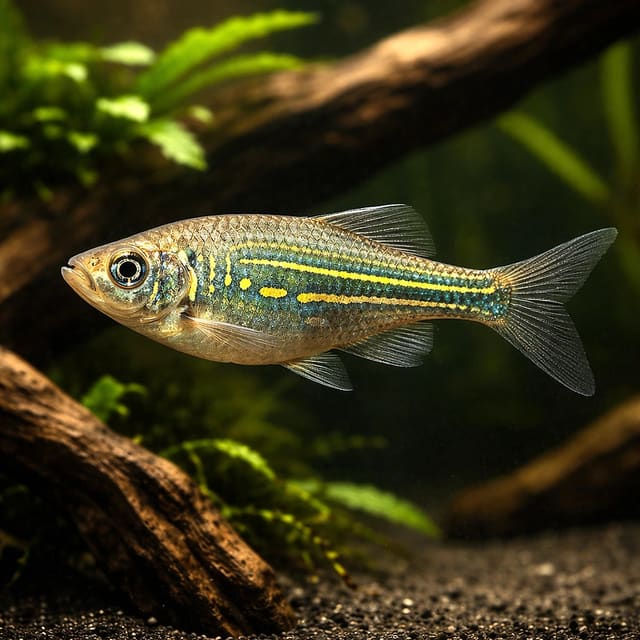 Giant Danio (Devario malabaricus) in a driftwood aquarium - main view — representative image