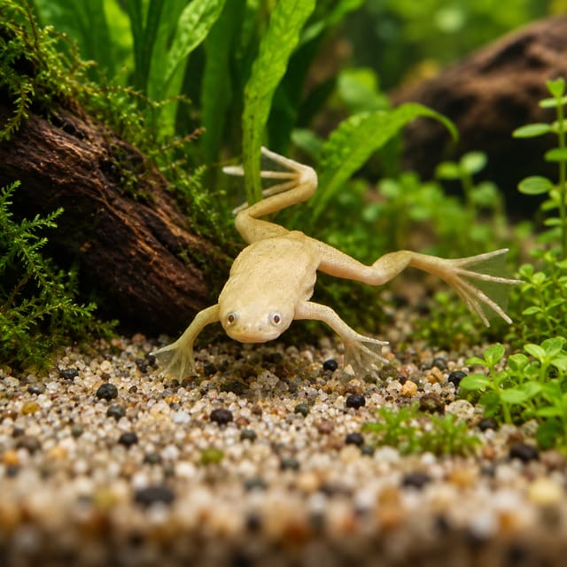 Gold African dwarf frog (Hymenochirus boettgeri), golden-cream with webbed feet, on gravel in a planted aquarium