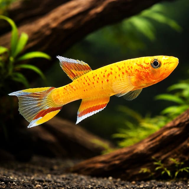 Gold Australe Killifish (Aphyosemion australe) beside aquarium driftwood — representative image