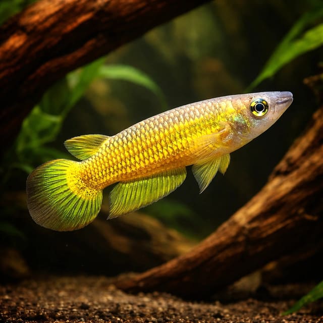 Illustrative Gold Striped Panchax (Aplocheilus lineatus) gold form near driftwood
